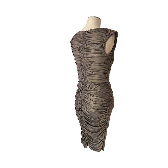 Cache Gold Metallic Bodycon Dress Womens Sz Medium Sleeveless Runched Beaded - Picture 5 of 16